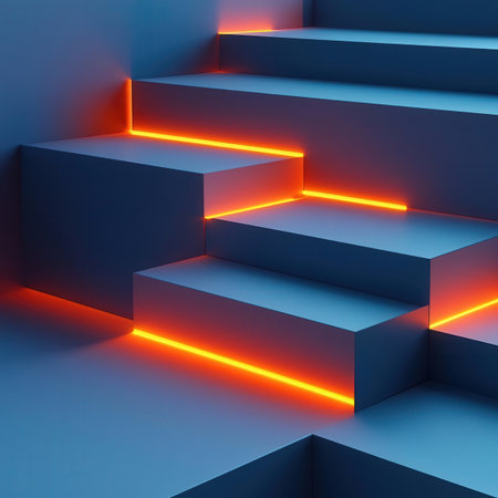Abstract blue background with glowing neon stairs. 3d render illustration.の素材