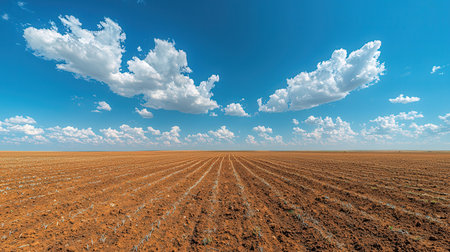 Agricultural landscape with plowed field and blue sky with cloudsの素材