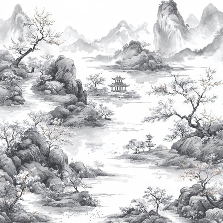 Seamless pattern with Chinese garden. Watercolor hand drawn illustrationの素材