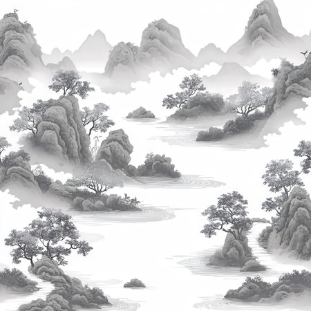 Seamless pattern with trees and mountains in the mist on a white backgroundの素材