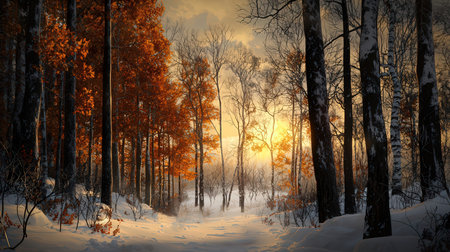 Beautiful winter landscape with a path in the forest. Sunrise.の素材