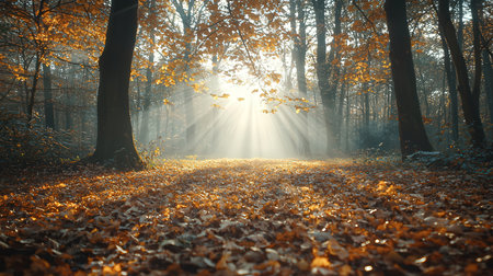 Morning in the autumn forest. Sun rays through the branches of treesの素材