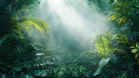 Tropical rainforest with fog and sunlight. 3d renderの素材