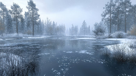 Frozen lake in the winter forest. Frosty day. 3d renderの素材