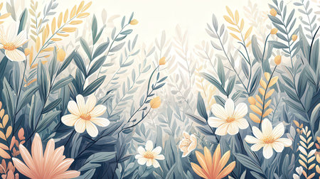 Floral background with hand drawn flowers and leaves. Vector illustration.の素材