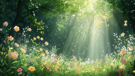 Beautiful spring landscape with sunbeams and flowers in the forestの素材
