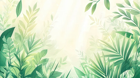 Tropical background with green leaves and sun. Vector illustration.の素材