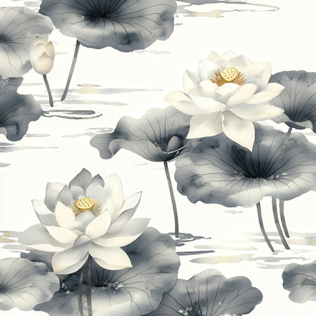 Seamless pattern with water lily flowers. Vector illustration.の素材