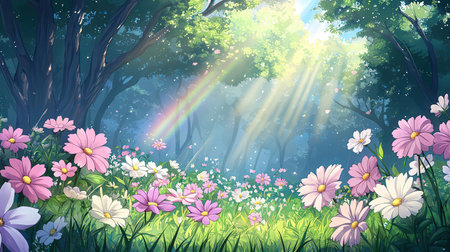 Beautiful meadow with flowers and sunbeams. Illustrationの素材
