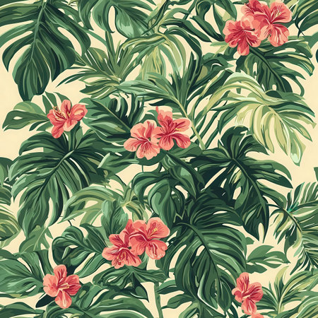 Seamless pattern with tropical leaves and hibiscus flowers.の素材