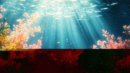 Underwater scene with flowers and sun rays. 3D illustration.の素材
