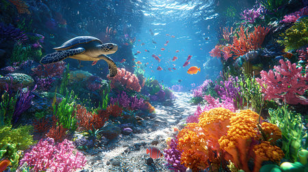 Green sea turtle swimming underwater with corals and tropical fish. Underwater world.の素材