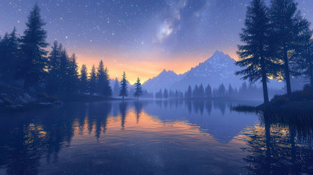 Fantasy landscape with a lake and mountains. 3D illustration.の素材