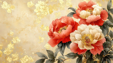 Peony flowers on grunge background with gold glittering texture.の素材