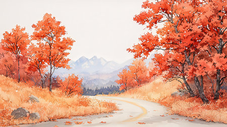 Autumn landscape with road, trees and mountains. Digital painting.の素材