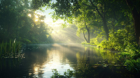 Sunrise over the lake in the forest. Beautiful nature background.の素材
