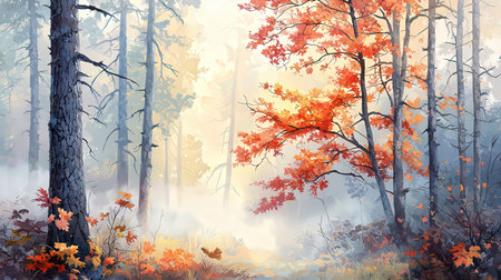 Autumn forest with fog and mist. Beautiful nature background. Digital painting.の素材