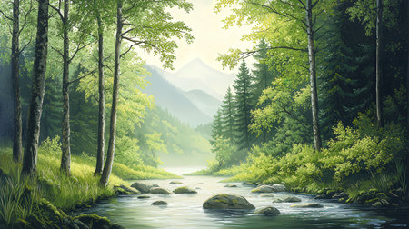 Landscape with river in the forest. Nature composition. Digital painting.の素材