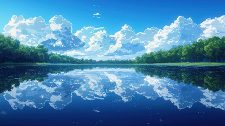 Blue sky with white clouds reflected in the water of the lake.の素材