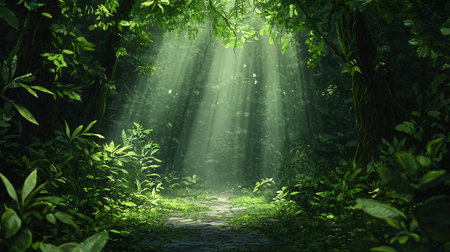 Mysterious green forest with light rays and path. 3d renderingの素材