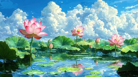 Lotus flower in the pond with beautiful sky and clouds. Vector illustration.の素材
