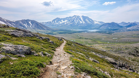 Mountain landscape with a hiking trail in the foreground, Norway.の素材