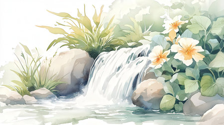 Watercolor summer landscape with waterfall and flowers. Hand drawn vector illustrationの素材