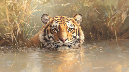 Tiger in water, digital painting of a tiger in water.の素材
