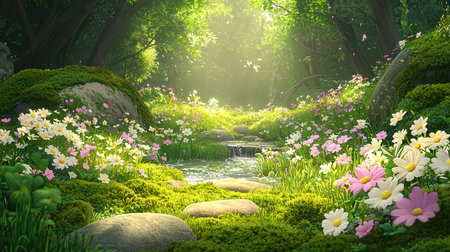Beautiful spring flower garden in the morning,3d rendering.の素材