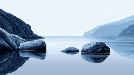 Rocks on a lake with mountains in the background, digitally rendered illustrationの素材