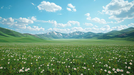 Meadow with white flowers and blue sky. 3d renderingの素材