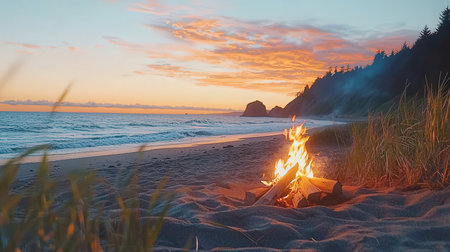 Camping on the beach at sunset. Beautiful summer landscape with a bonfire.の素材