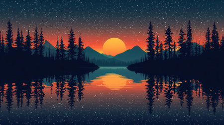 Silhouette of a mountain lake at sunset. Vector illustration.の素材