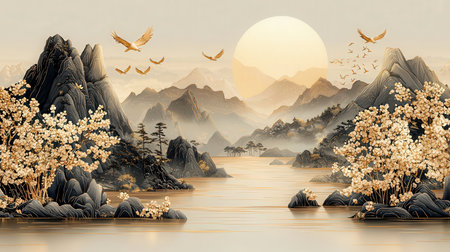 Chinese landscape with cherry blossoms and mountains. 3D illustration.の素材