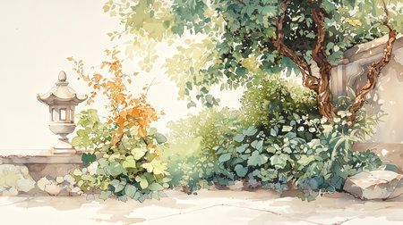 Lantern in the garden. Digital watercolor painting illustration.の素材