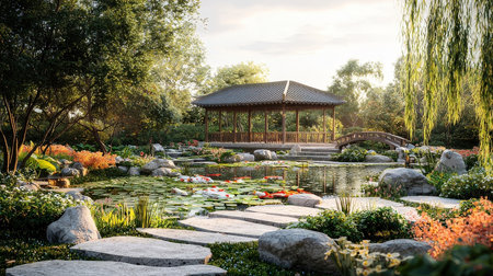 gazebo and pond in the garden at sunset time.の素材