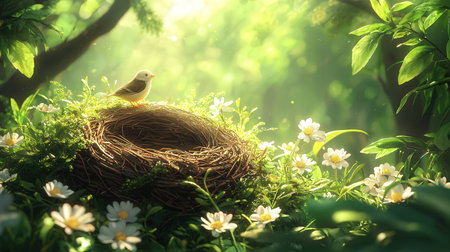 Bird in the nest on the background of the spring forest. Spring concept.の素材
