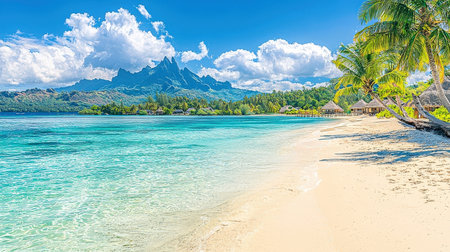 Panoramic view of idyllic tropical beach with crystal clear turquoise water, white sand, blue sky and mountain in backgroundの素材