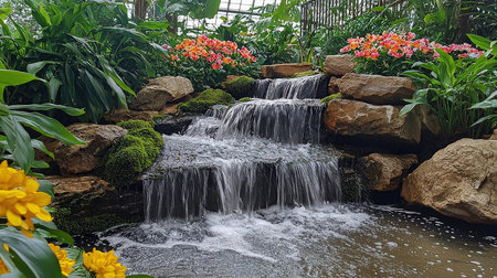 waterfall in the botanical garden with flowers and plants in the gardenの素材