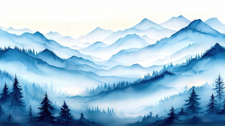 Foggy winter landscape with mountains and forest. Vector illustration.の素材