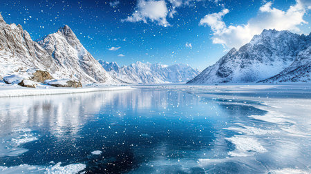Snowy winter landscape at Lofoten islands, Norway.の素材