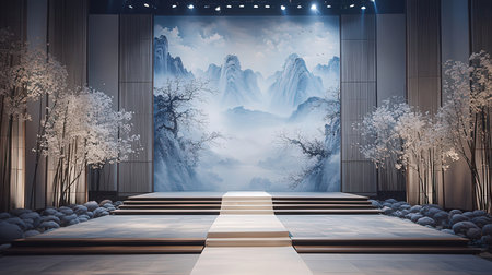 3D rendering of a stage in a showroom with a beautiful sceneryの素材