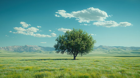 Lonely tree on a green meadow with mountains in the backgroundの素材