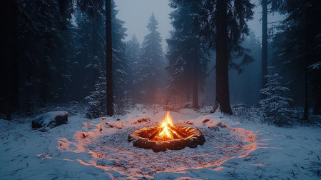Campfire in the winter forest at night. Beautiful winter landscape.の素材
