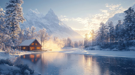 Fantastic winter landscape with frozen lake and snow covered mountains in backgroundの素材