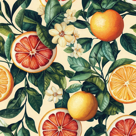 Seamless pattern with citrus fruits and leaves. Watercolor illustrationの素材