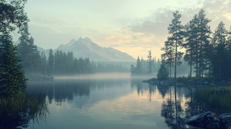 Mountain lake in the morning mist. 3D illustration. Vintage style.の素材