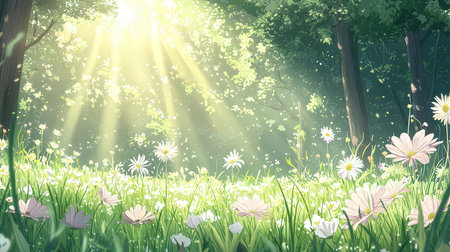 Spring flowers in green grass with sunbeams and lens flare.の素材