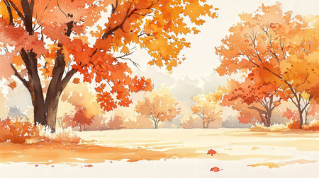 Autumn landscape with maple trees and lake. Watercolor illustration.の素材