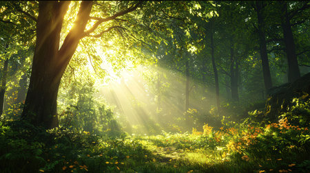 Morning in the forest with sunbeams and lens flare, nature seriesの素材